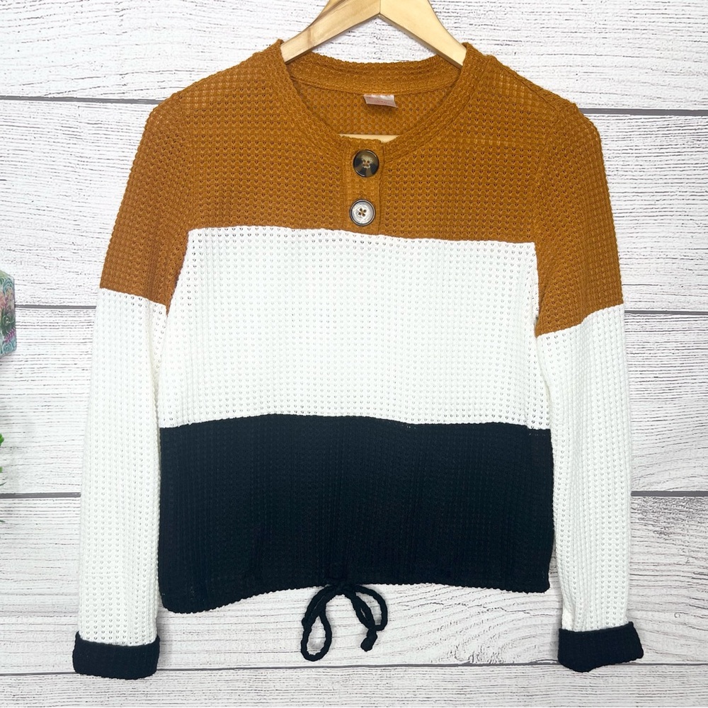 Colorblock Waffle Knit Pullover Drawstring Sweater Size Large Brown White Black